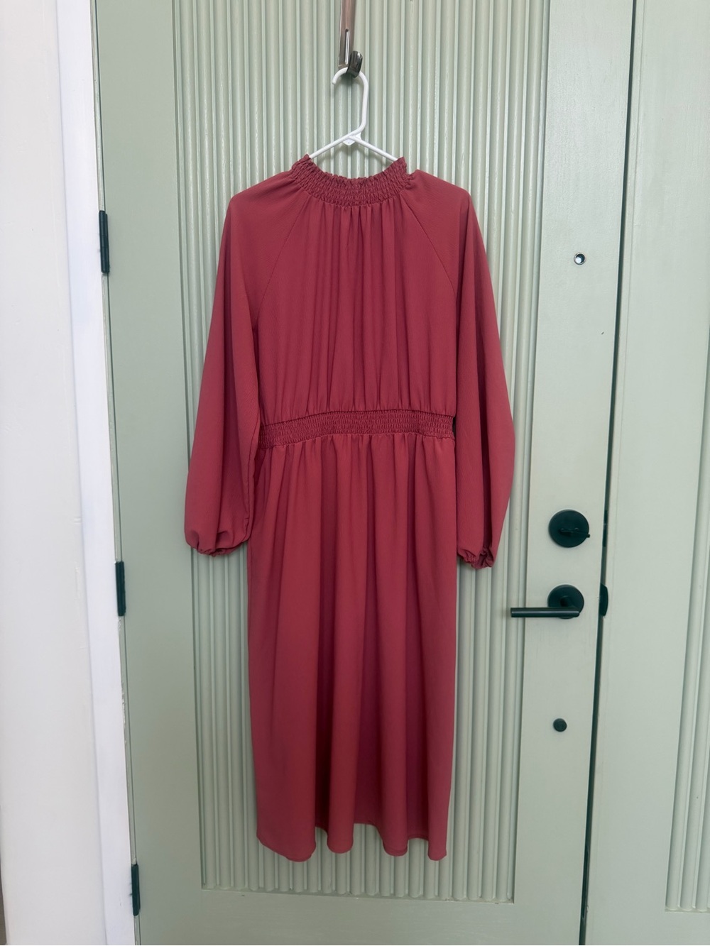 a new day Rose Red Smocked Neck Long Sleeve Midi Dress